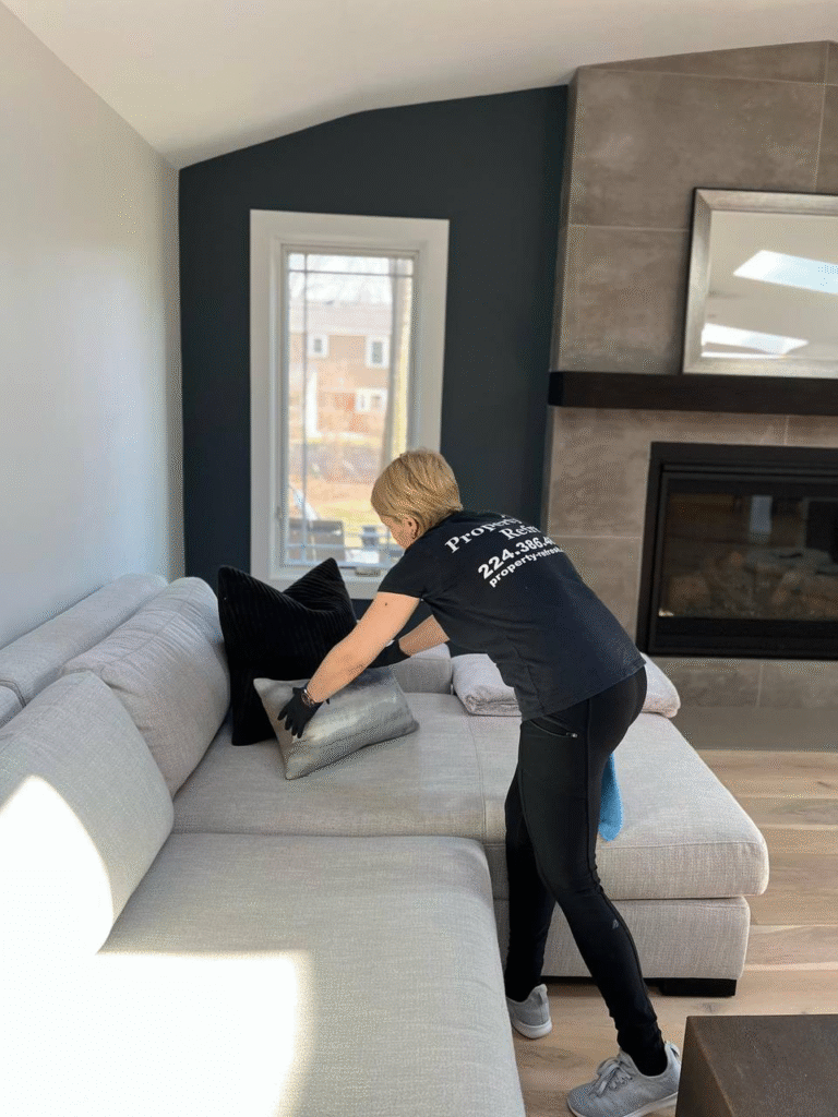 Woman cleaning couch